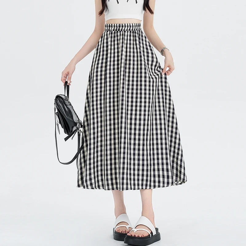 Plaid Traf Mid-length Skirt Faldas Women High Waist A Line Skirt Jupe Extra Longues Femme Streetwear Loose Skirts New