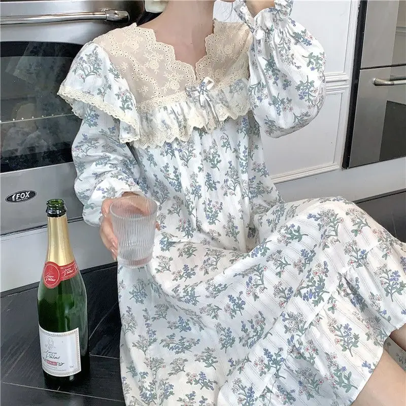 Floral Women Nightgown Ruffles Sleepwear Korean Style Nightwear Autumn Long Sleeve Sleeping One Piece Pajamas Lace Night Dress