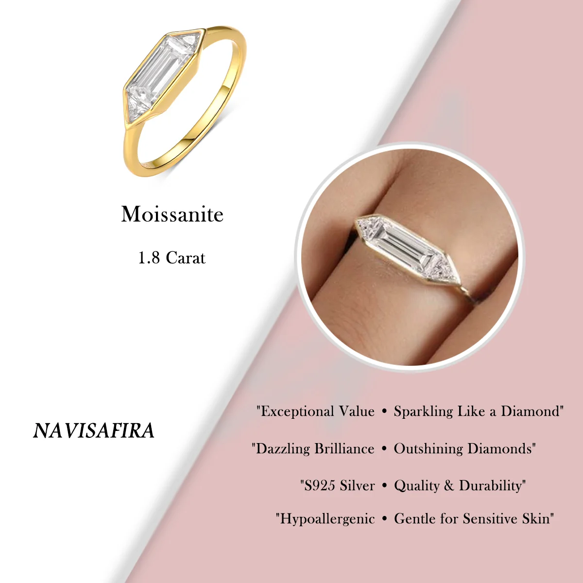 1.8Ct S925 Rectangular Moissanite Ring with Triangle Side Stones, Modern Minimalist Design for Weddings & Engagements