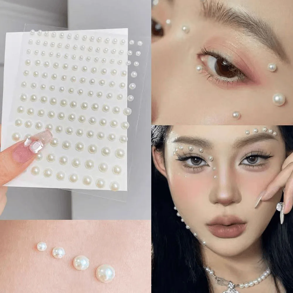 162pcs/sheet Mix 3/4/5/6mm Face Pearls Stick On Self Adhesive Pearls Stickers Eyes Rhinestones Stickers for Hair Face Makeup