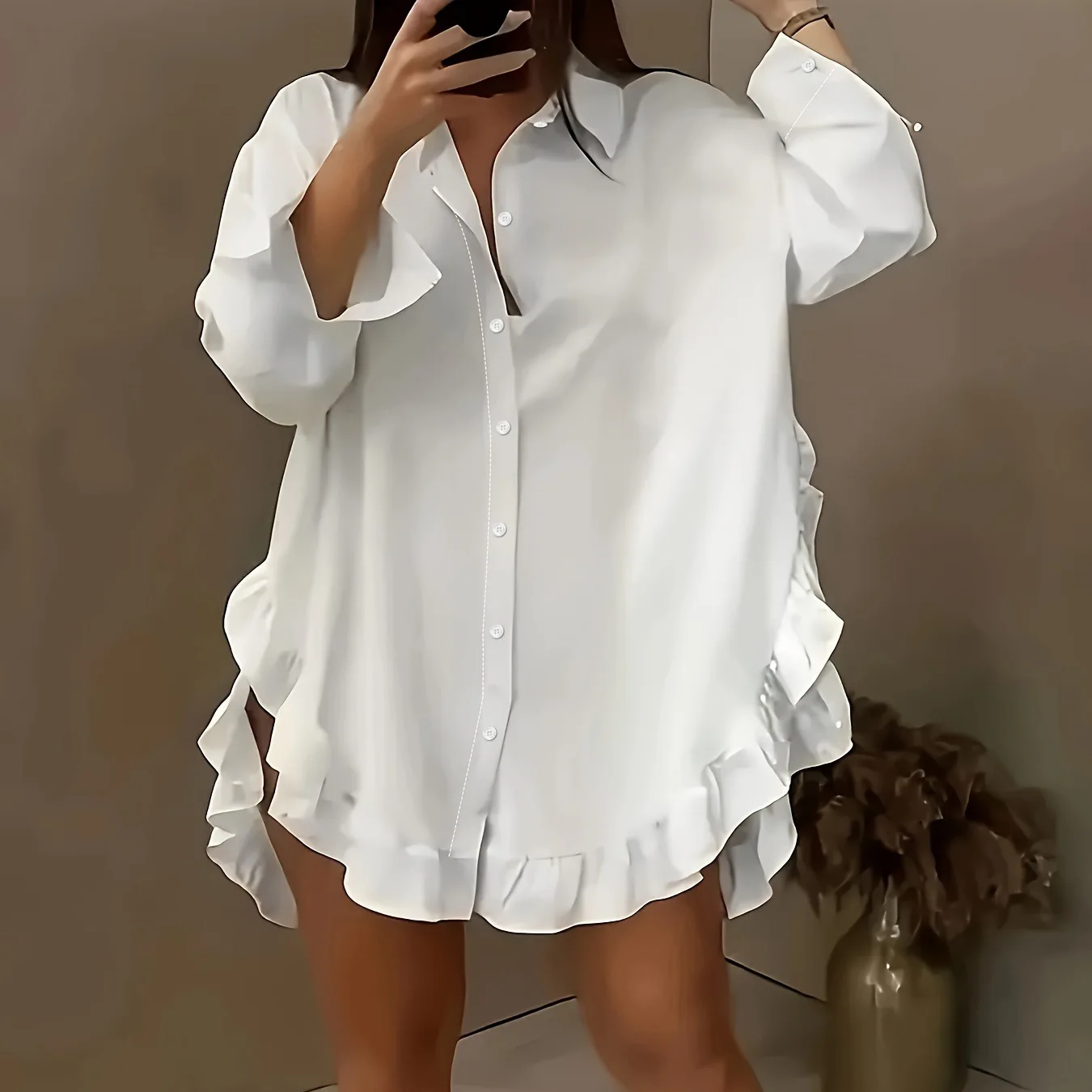 

2026 new solid color loose ruffle hem loose shirt
