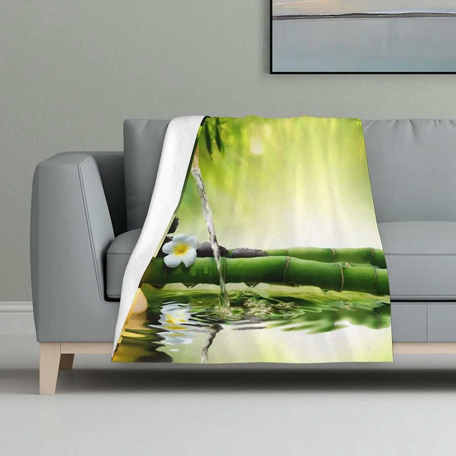 Spa Stones Throw Blanket in Garden with Flow Water Bamboo Candle Flower Decor Nature Green Throw Blanket Bed Couch Sofa