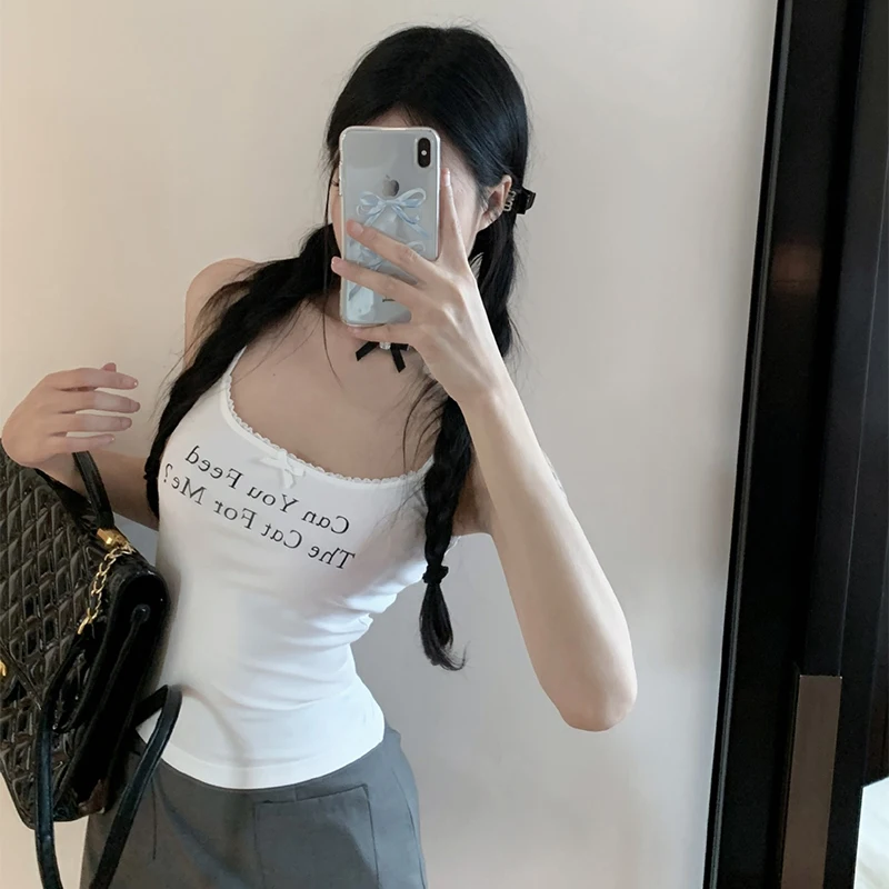 Sweet Hot Girl Solid Color Letter Print Camisole Summer Clothes Sexy Lace Bow Fashion Versatile Top For Women