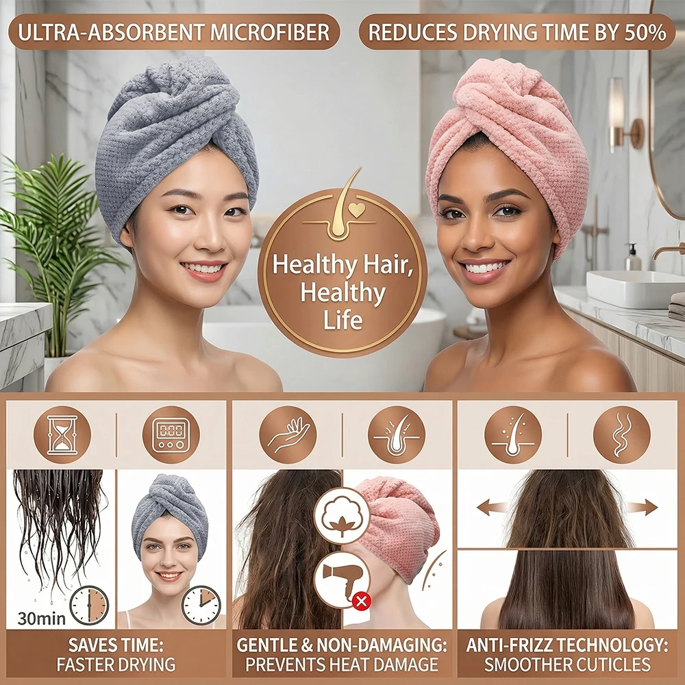 4-Pack Hair Towel Set – Quick Dry Absorbent Turban for Women, Lightweight Drying Wrap for Long Hair, Travel & Home