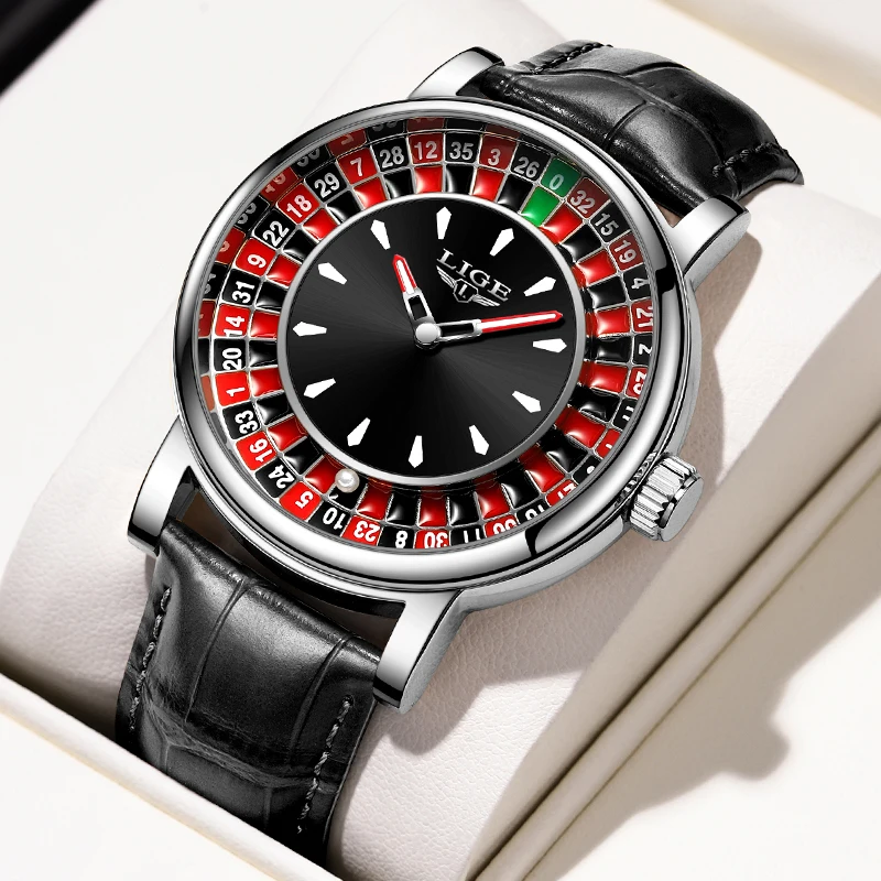 LIGE Quartz Man Watch Fashion Luxury Creative Roulette Game Dial Design Leather Casual Life Waterproof Watches for Men Gifts+Box image 6