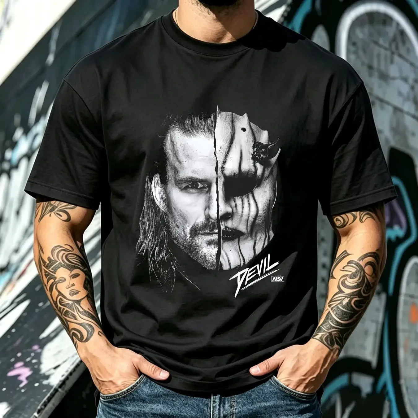 washed T Shirt ADAM COLE DEVIL AEW Official long or short sleeves vintage Washed Breathable Unisex homme Slightly Casual