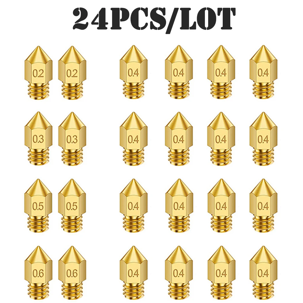 

24 шт. MK8 насадки экструдера головка Hotend (0,2, 0,3, 0,4, 0,5, 0,6) мм резьба M6 для 3D-принтера