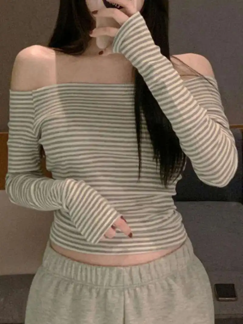 Autunno/Inverno Versione Coreana New Classic Stripe Slash Neck Off Spalla Manica Lunga Vita Cinching Slim Casual Pullover EXB4