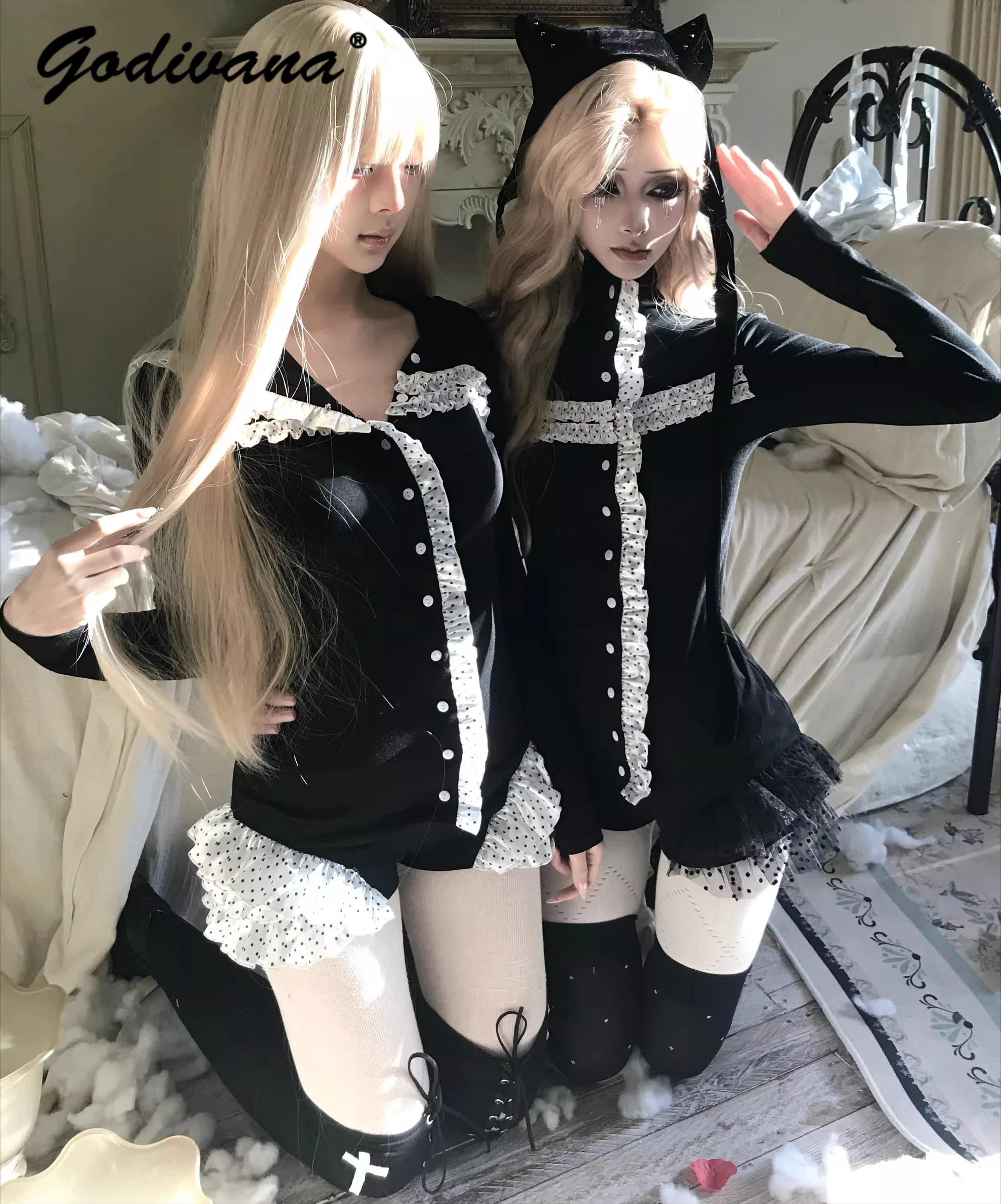 

New Spring Gothic Women's Cross Polka Dot Stacked High Collar Button Black Cardigan Tops Mesh Dot Cake Shorts Punk Outfits