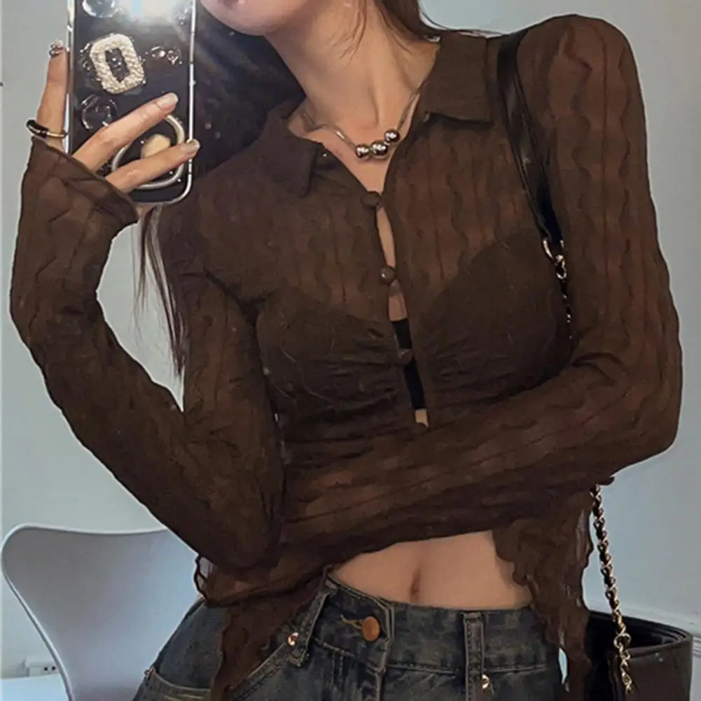 

V-neck Long Sleeve Cardigan V Neck Naked Navel Crop Tops Blouse See-through Sexy Thin Korean Versatile Y 2 k Sweater Top