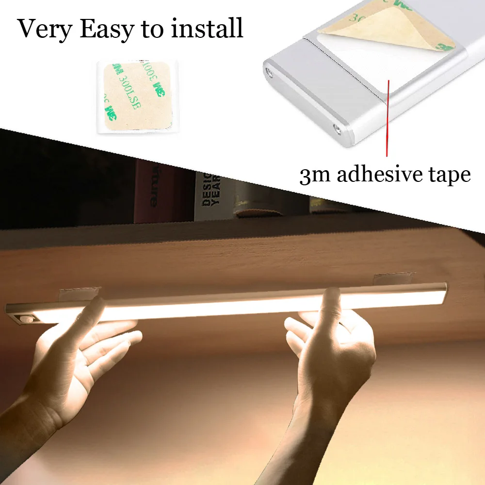 Imagem -05 - Led Usb Armário de Cozinha Armário Armário Lâmpada Ultra Fino Recarregável Pir Sensor Movimento Gabinete de Alumínio Luz da Noite 20 40 60cm