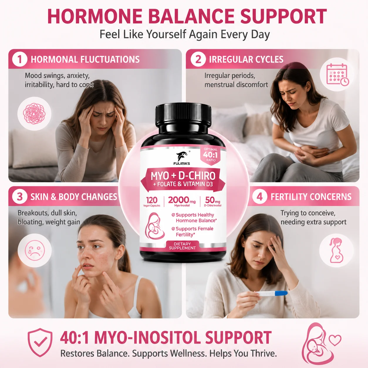 Myo‑Inositol & D‑Chiro Inositol Capsules 40:1 Ratio Support  Female Hormone Balance, Ovarian & Preconception Reproductive Health