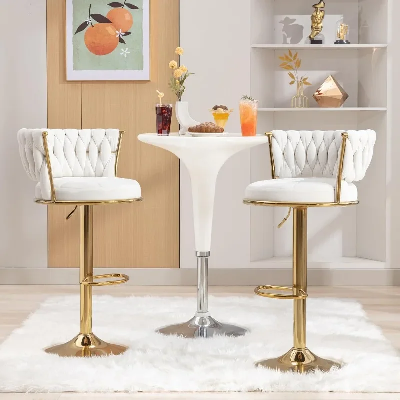 Adjustable  360° Swivel Bar Stools Set of 2, with Back and Arm, Velvet Woven Kitchen Island Stools w/Gold Metal Leg & Base,White