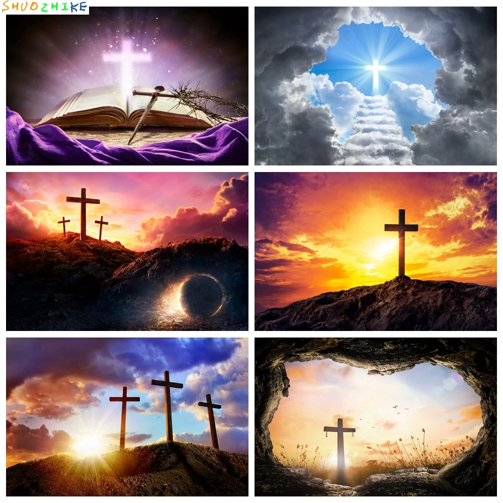 

Jesus Christ Cross Backdrop Sunrise Sunset Mountain Crucifix Pray Crucifixion Belief Church School Event Party Background Decor