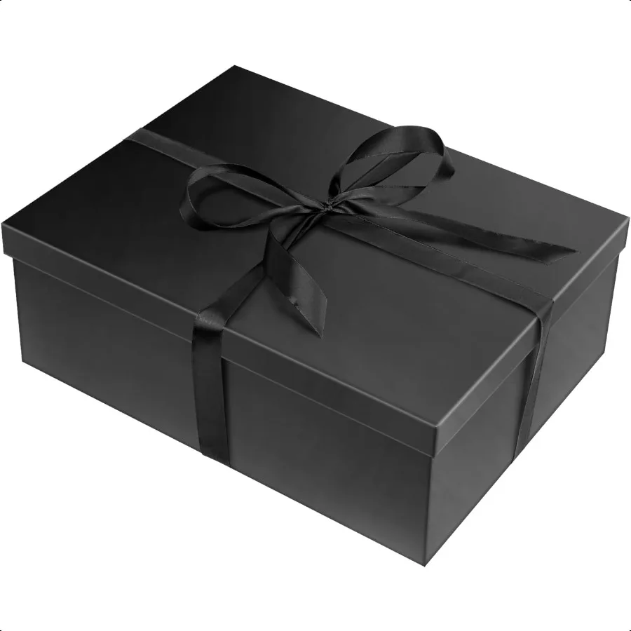 

Black Gift Box with Lid for Present Extra Large Collapsible Gift Box with Filler Paper Ribbon for Birthday Anniversary 16.5x12.
