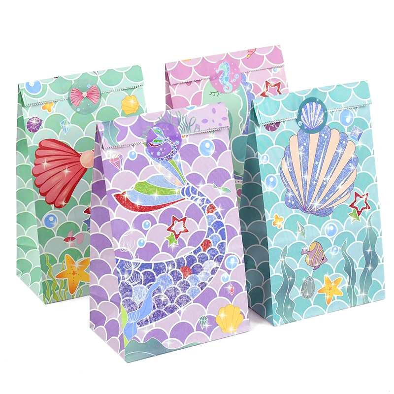 

12Pcs Mermaid Candy Gift Bag With Sticker Baked Snacks Paper Packaging Bag Mermaid Birthday Party Decoration Baby Shower