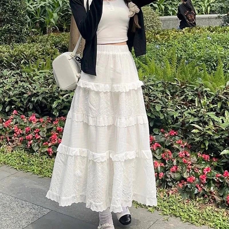 Casual White Cake Skirts Spring Autumn Lace Ruffles A-Line Long Skirts for Women Elegant Midi Skirts Female Clothes faldas mujer