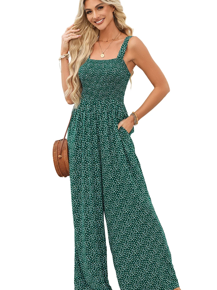 Ing 꽃 프린트 하이 웨이스트 와이드 레그 점프 슈트 여성 여름 New Sle Individualized Strapl Bodysuit Casual Faion