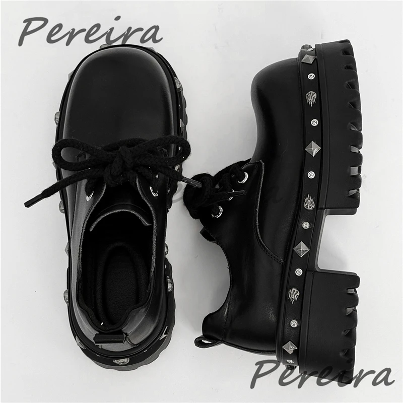 Punk Style Rivet Thick Sole Derby Shoes Metal Decor Big Round Toe Leather Lace-Up Height Increasing Shoes Trendy Men's Shoes