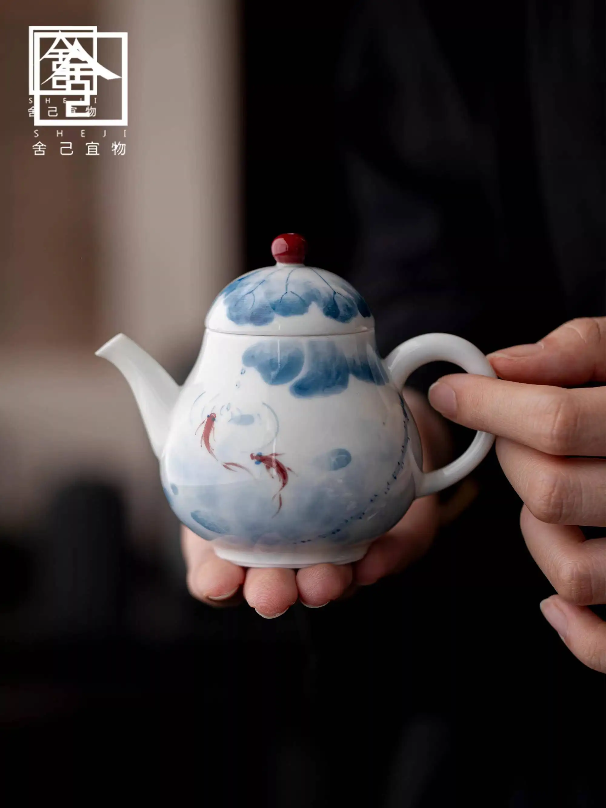 Hand-Painted Fish Playing In A Lotus Pond Teapot, Household Teapot With Filter, Single Pot, Handmade Ceramic Tea Maker,