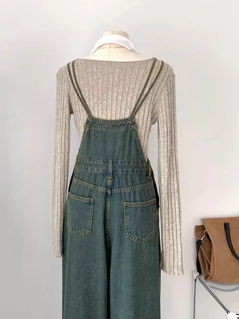 Reddachic Vintage Groene Wash Denim Jumpsuit Vrouwen Pintuck Wijde Pijpen Jeans Overalls Zomer Losse Casual Koreaanse Streetwear