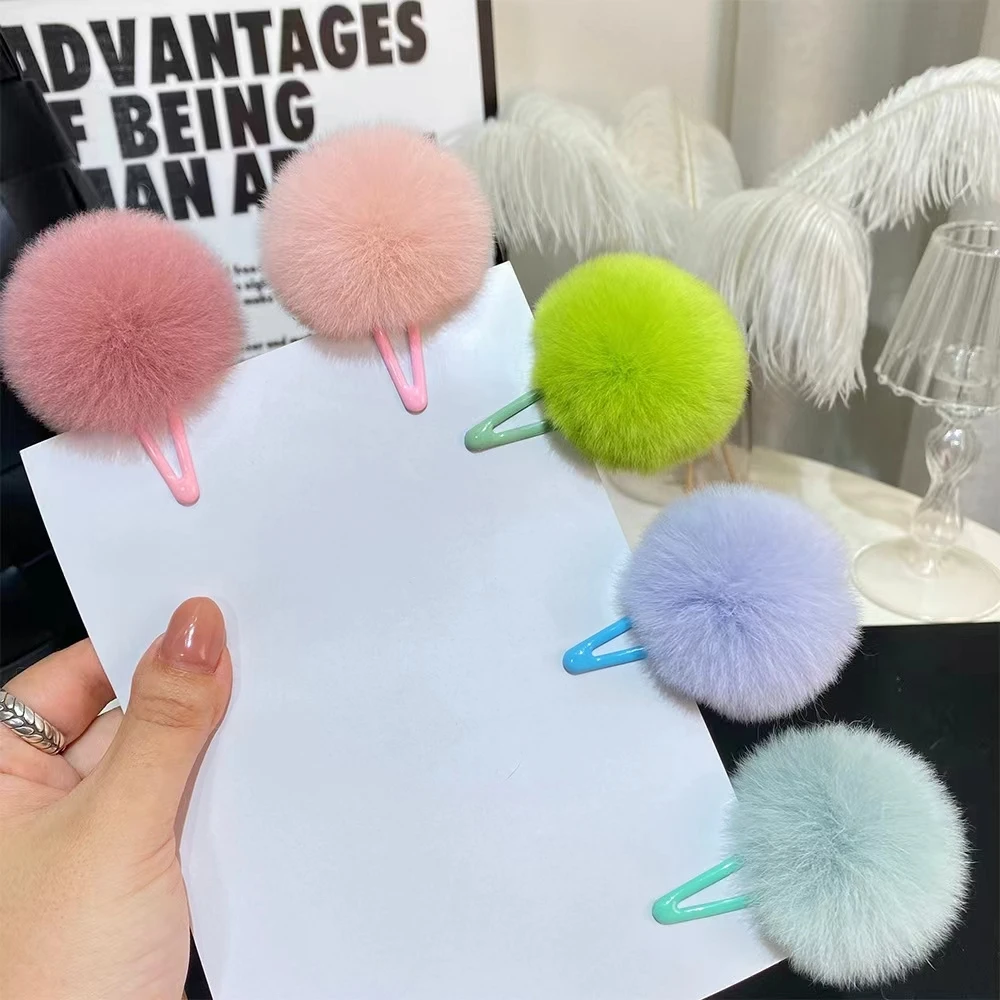 Real Otter Rabbit Hair Hairclip,A pack of 2 pieces Colorful Hair Ball,BB Women's Hair Clip Cute Headpiece, Fluffy Side hair clip 4