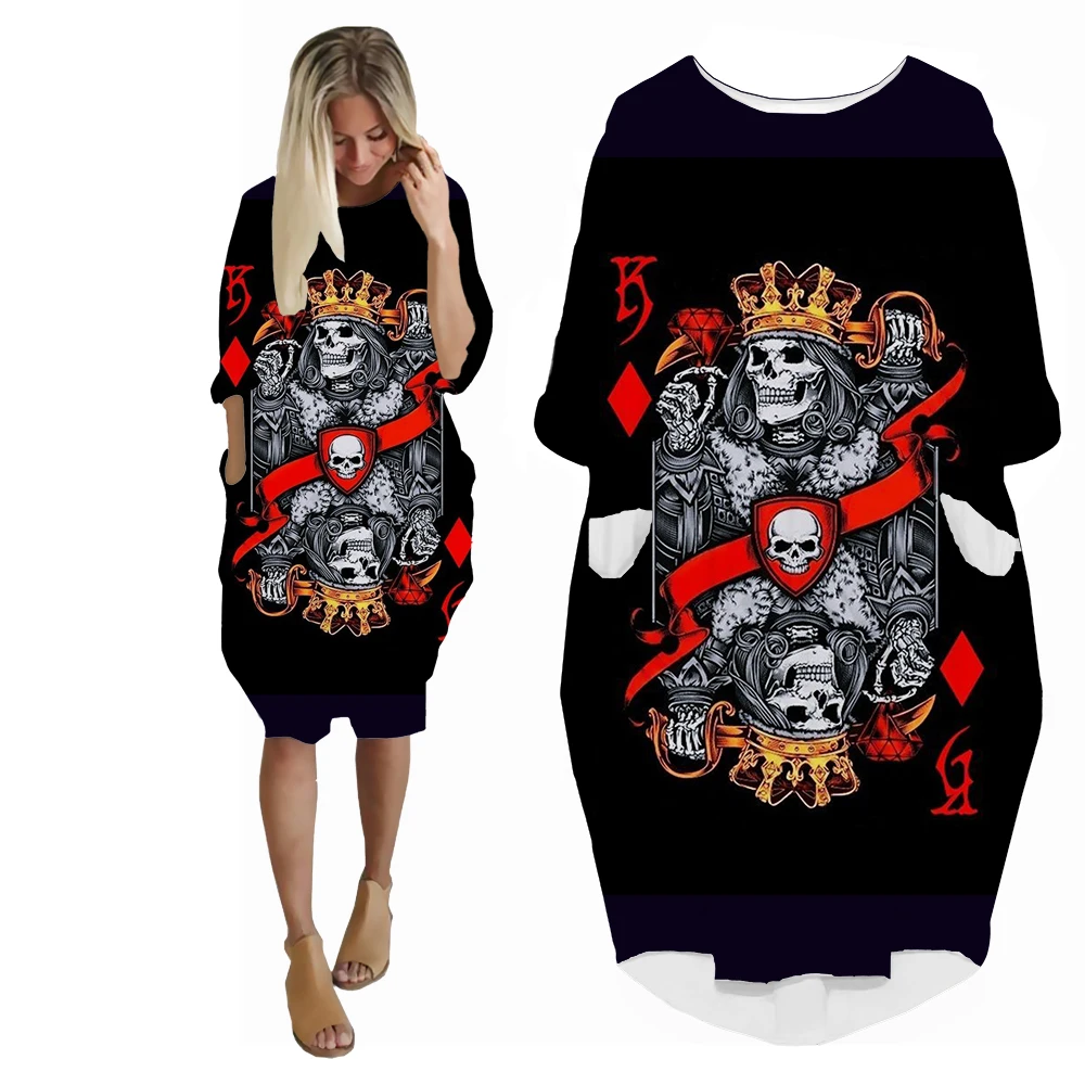 SONSPEE Custom Name 3D Print Hip Hop Imperial Crown Skull Women's Dress Spades Poker K Pattern Skirt Fashion Long Sleeve Gown