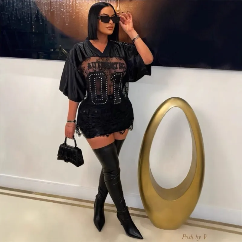 

Spring Summer Letter Print T-Shirts Top Women V-Neck See Through Backless Loose Short Sleeve Y2K Sexy Trend Streetwear Tops