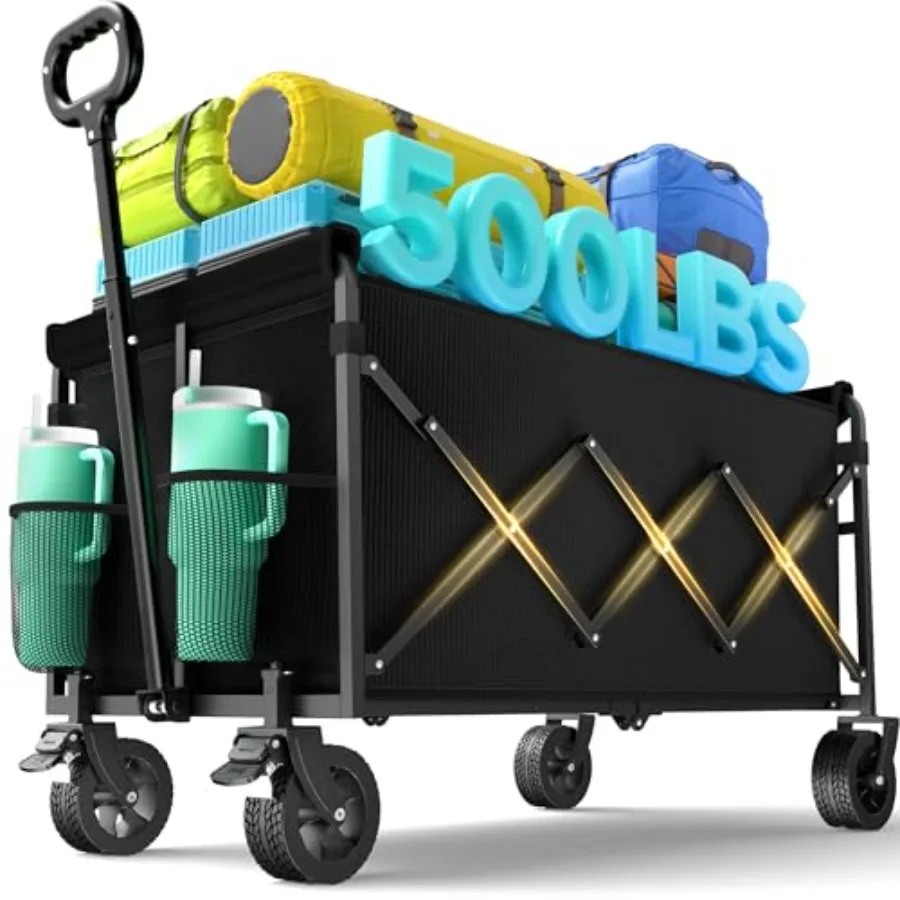 

Foldable Garden Cart with Brakes 500lbs Capacity Heavy Duty Steel Frame All-Terrain Beach Wheels Drink Holders Black