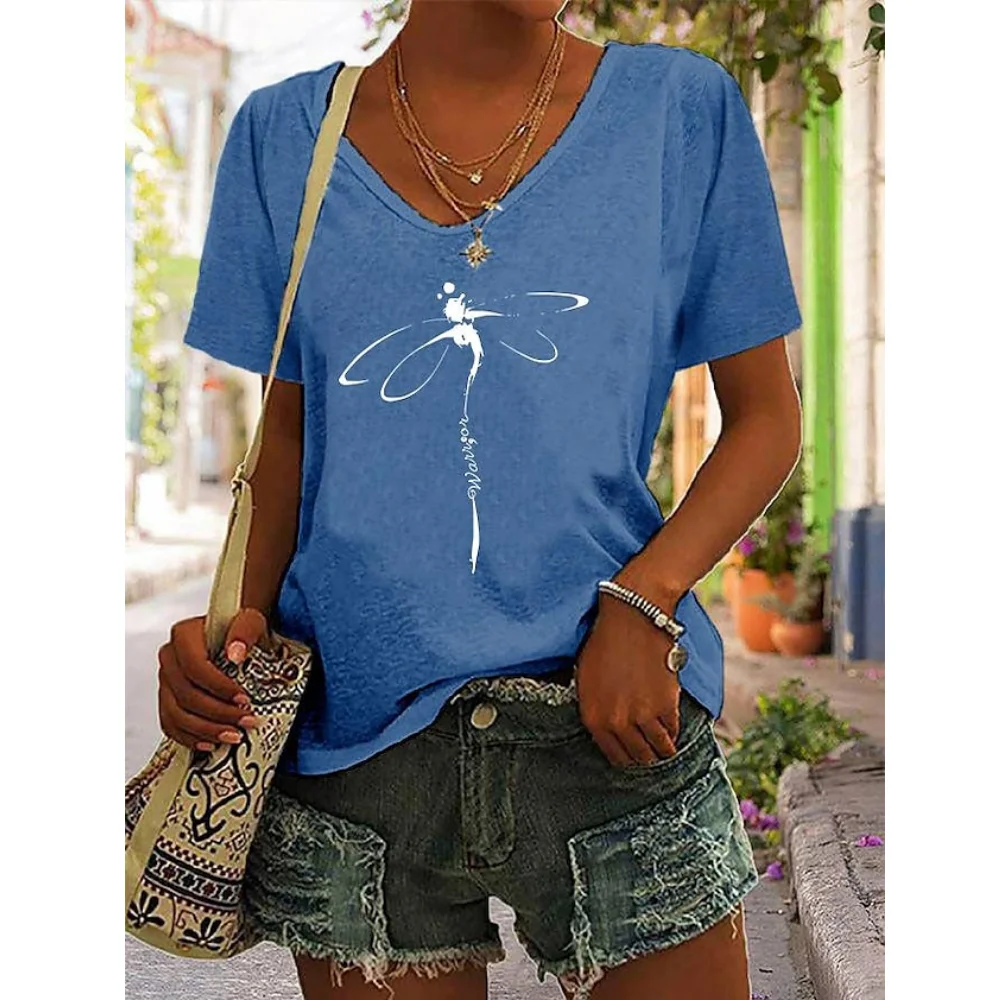 Women\'s T-Shirt Summer Dragonfly Print Tops Tees Casual Daily V Neck Blouse Women Oversized Pullovers Girls Minimalist Clothing