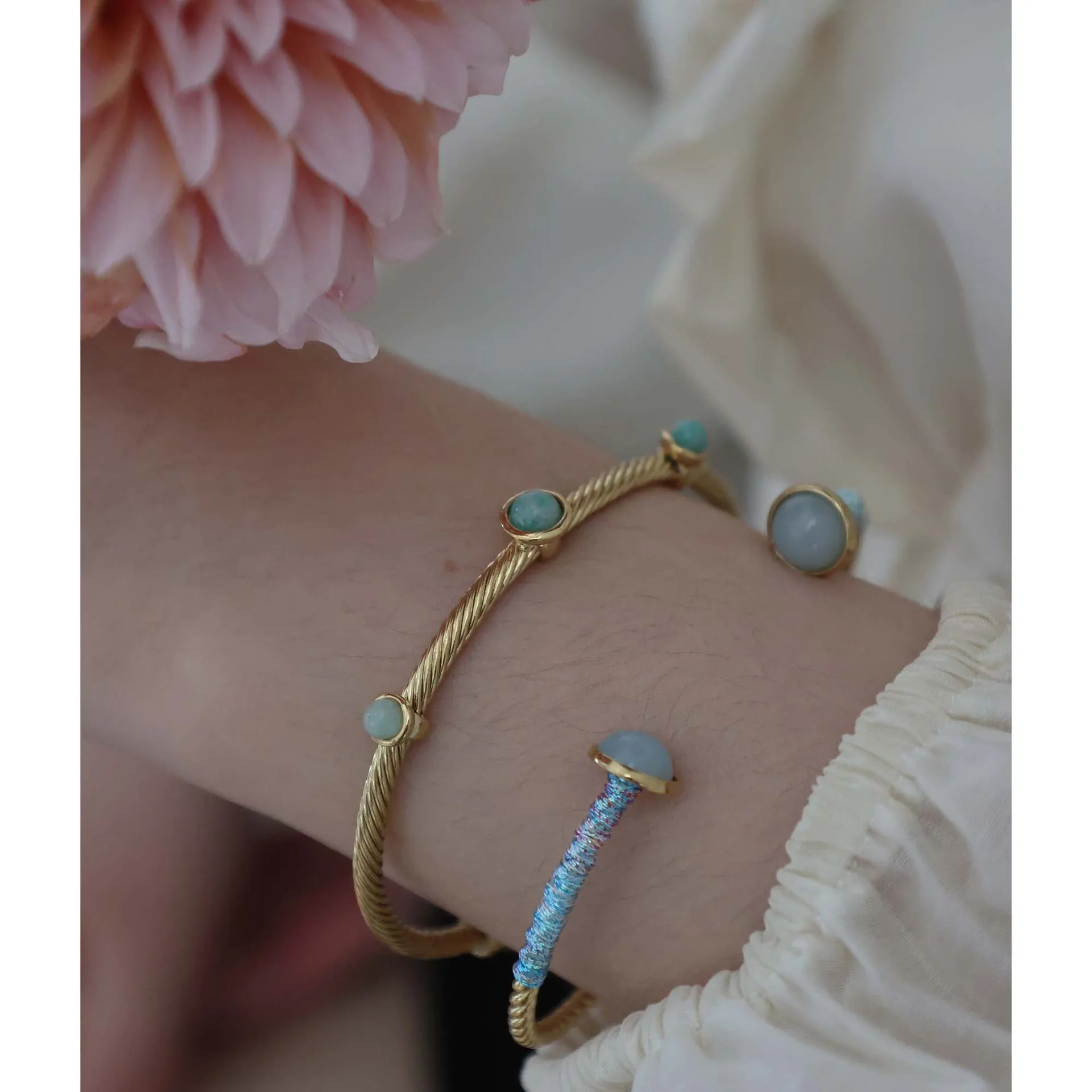 

Hand-made sea-blue silk thread holiday cuff bangle for women