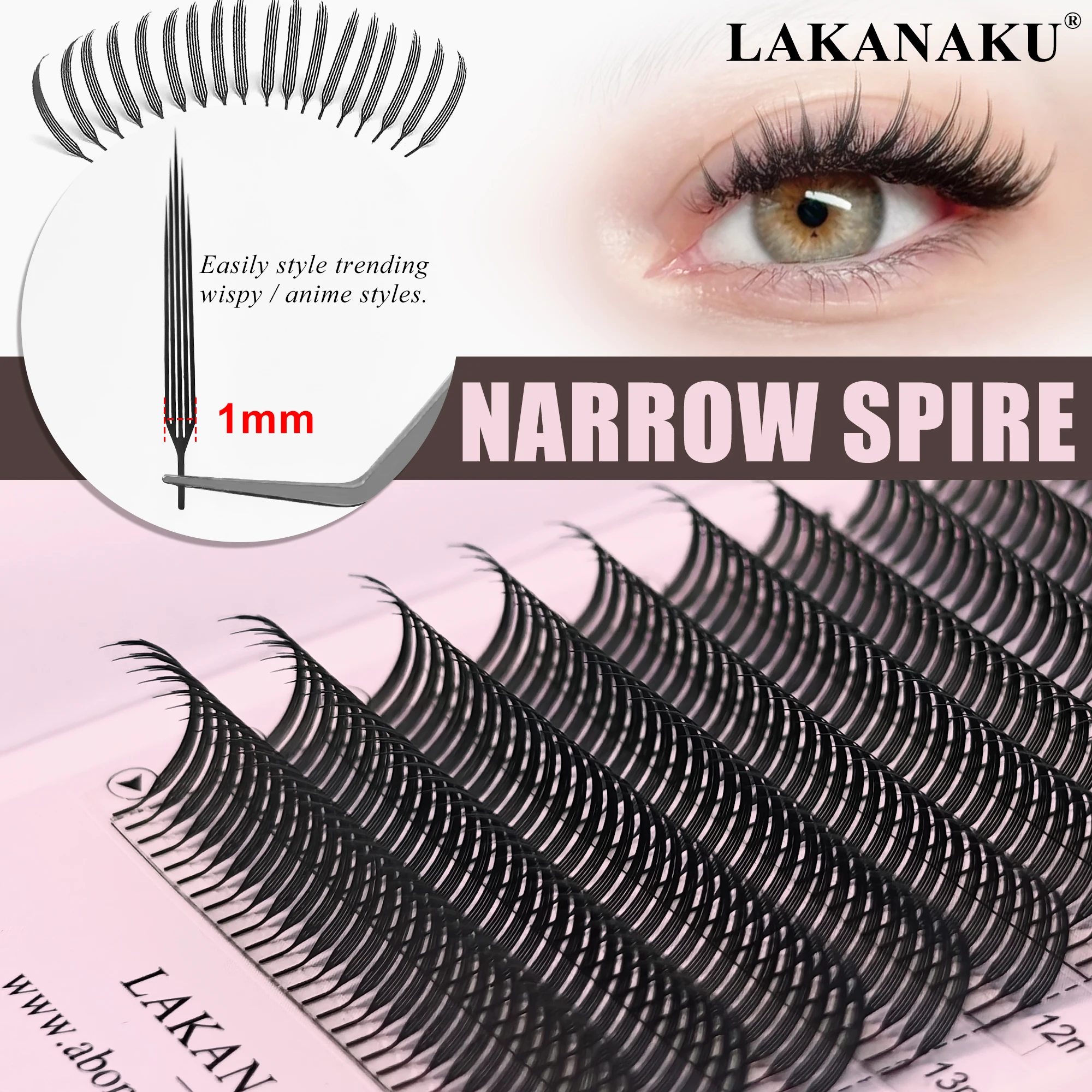 Lakanaku Schmale Spire-Wimpernverlängerung Anime-Wimpern Vorgefertigte Manga-Style Feder-Leichtgewicht Vorgefertigte Fächerwimpern für Make-up