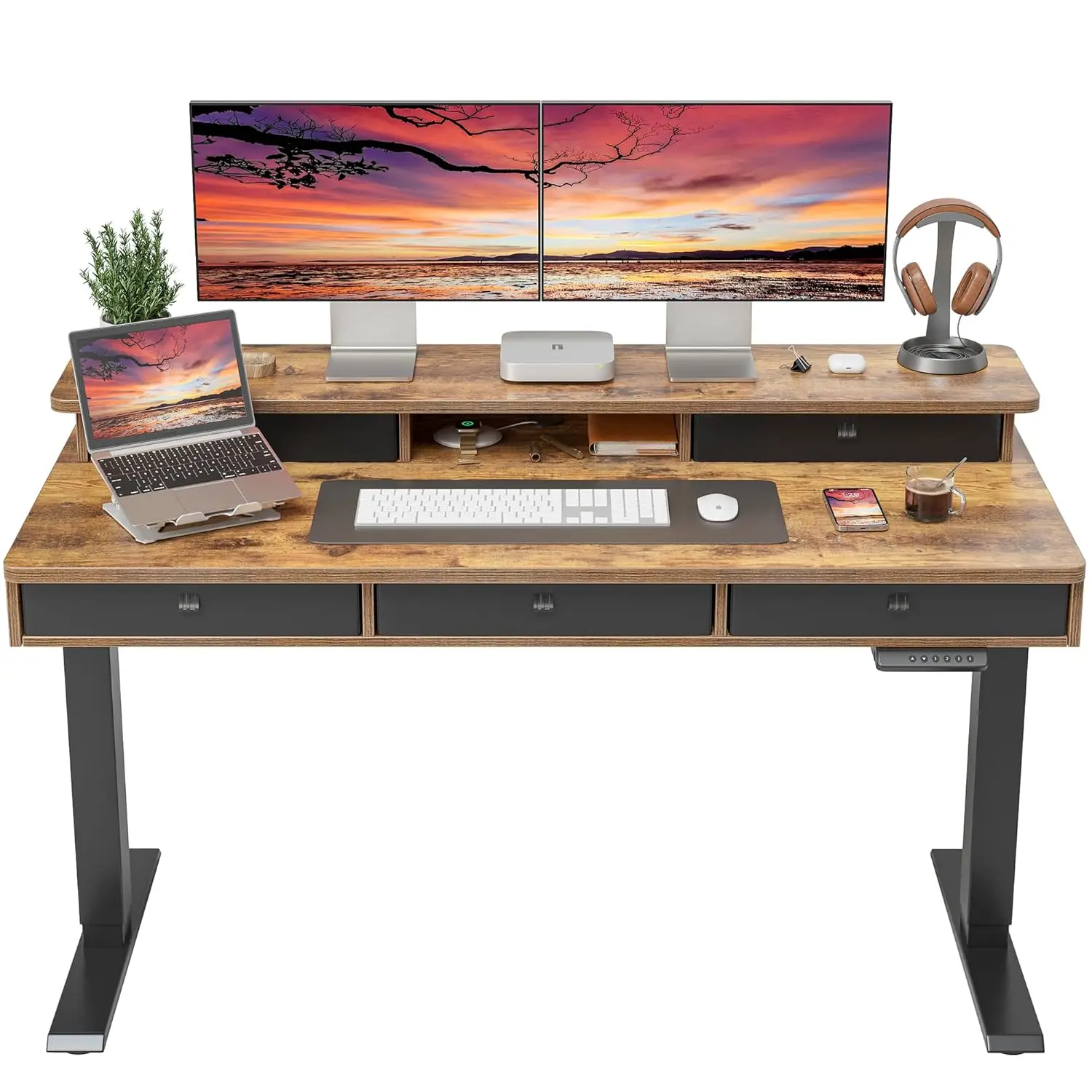 

Электрический регулируемый по высоте стол 55x24 с 5 ящиками и полкой для хранения, стол для работы сидя/стоя, черная рама, коричневая столешница, на заказ