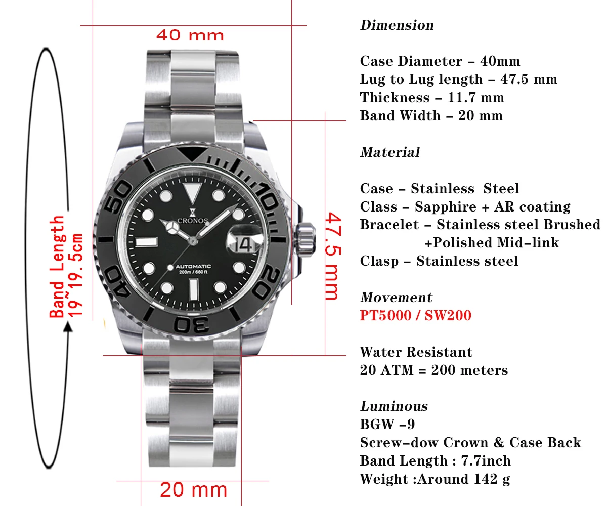 Cronos Sub Diver Orologio da uomo Lunetta bidirezionale 40mm 20ATM Resistente all'acqua Spazzolato e lucido Bracciale a maglie medie Orologi da uomo