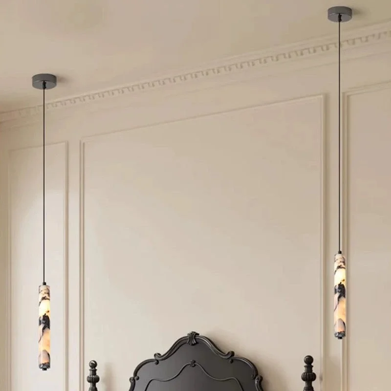 High-end Bedside LED Chandelier Living Room Decoration Home Hanging Lights Luxury Black Cylinder Natural Stone Pendant Lamp