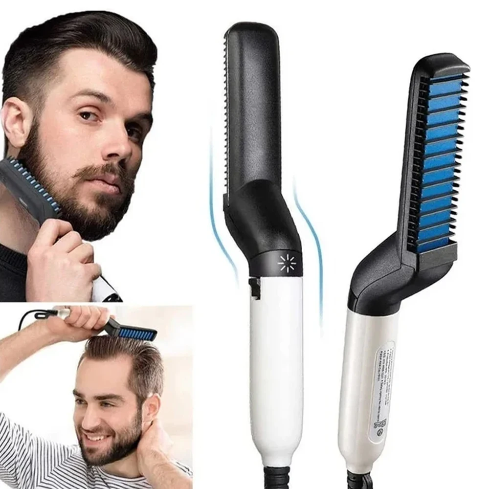 Kit Masculino de Cuidados Capilares: Escova Elétrica Alisadora e Modeladora de Cachos, Ideal para Viagens e Uso Diário