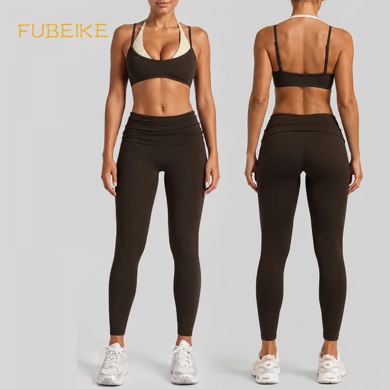 Women 2 Pcs Yoga Fitness Set Halter Neck Faux Two Piece Sports Bra Slim Fold-Over Waist Yoga Pants Gym Running Activewear Set