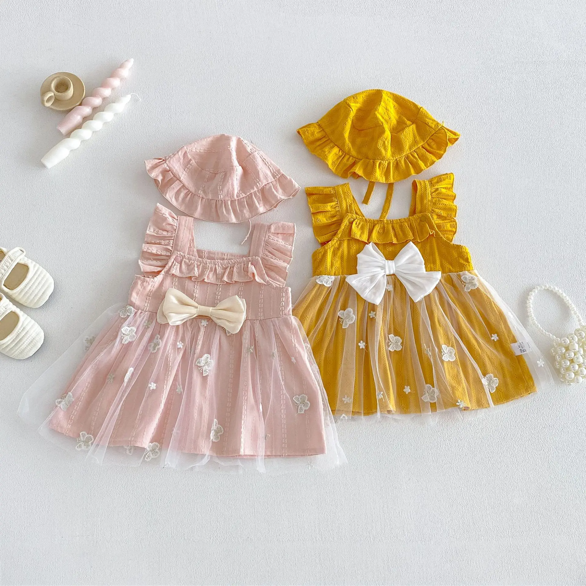 2026 Summer New Girls Cute Lace Sleeveless Dress + Hat Infant Princess Dress Baby Girl Sweet Bow Strap Dress Toddler Clothes