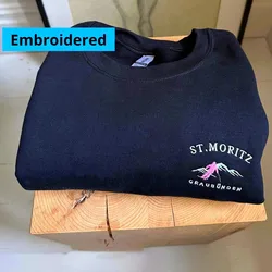 ST.MORITZ Ski Club Pocket Embroidered Unisex Black Sweatshirts Thick Crewneck Long Sleeve Retro Pullover Autumn Casual Sweaters