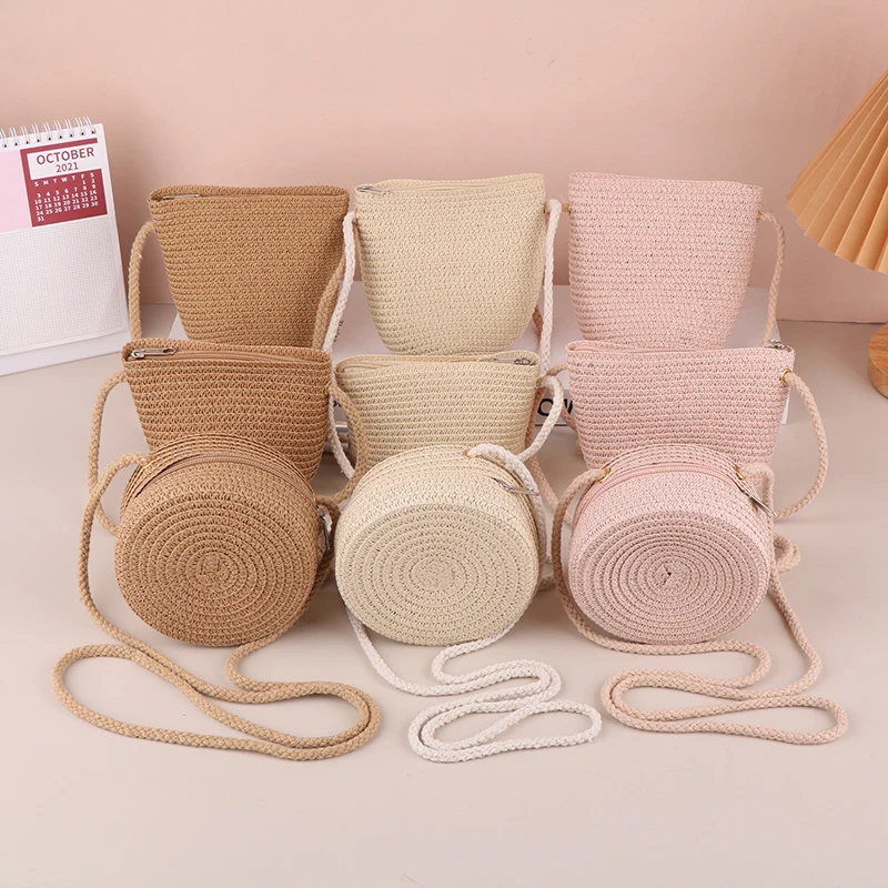 Baby Girl Fashion Casual Solid Straw Shoulder Bags Kids Children Cute Round Messenger Candy Color Small Bag Backpack Accessories