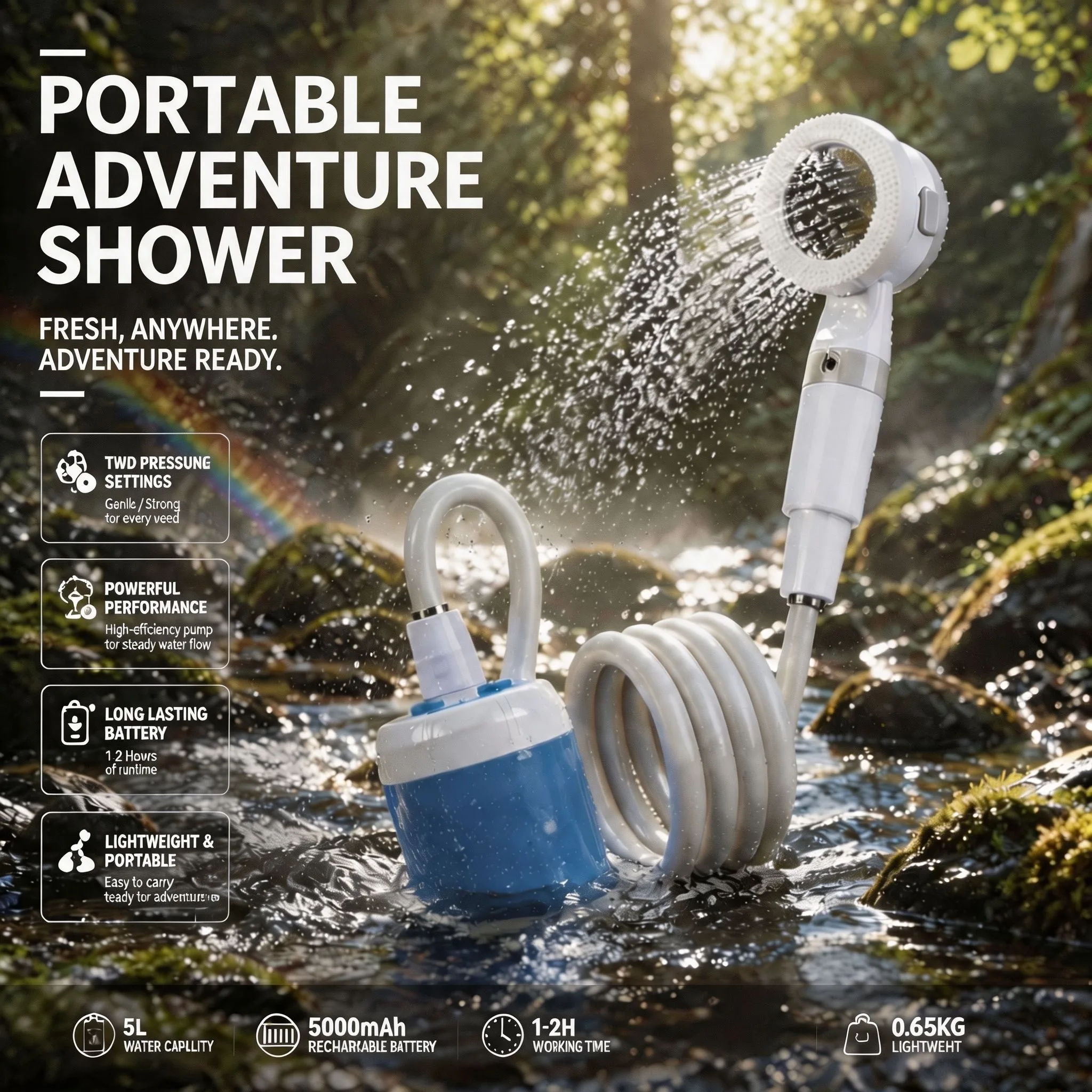 Portable Camping Shower Outdoor Camping Shower Pump Rechargeable 4000mAh Electric Shower Pump with Smart Digital with Hose