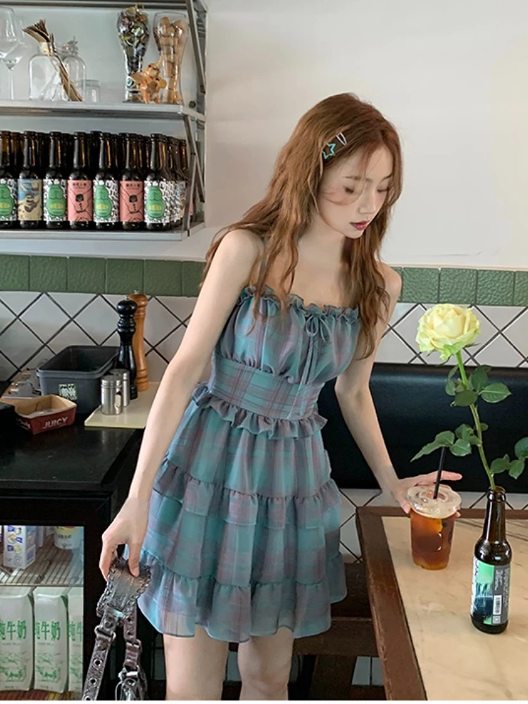 2023 Summer Sweet Sexy Plaid Strap Dress Women Kawaii Clothing Y2k Mini Dress Y2k Evening Short Party Dress Korean Fashion Chic