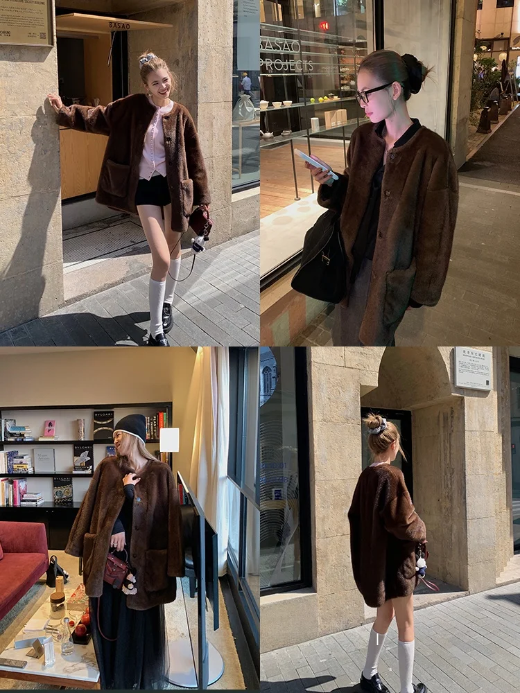 Xzichic Złoty Futro z Norek Okrągły Kołnierz Ekologiczna Imitacja Futra Królika Wodnego Płaszcz Damski Ciepła Odzież Wierzchnia Długi Krój Koreański Styl