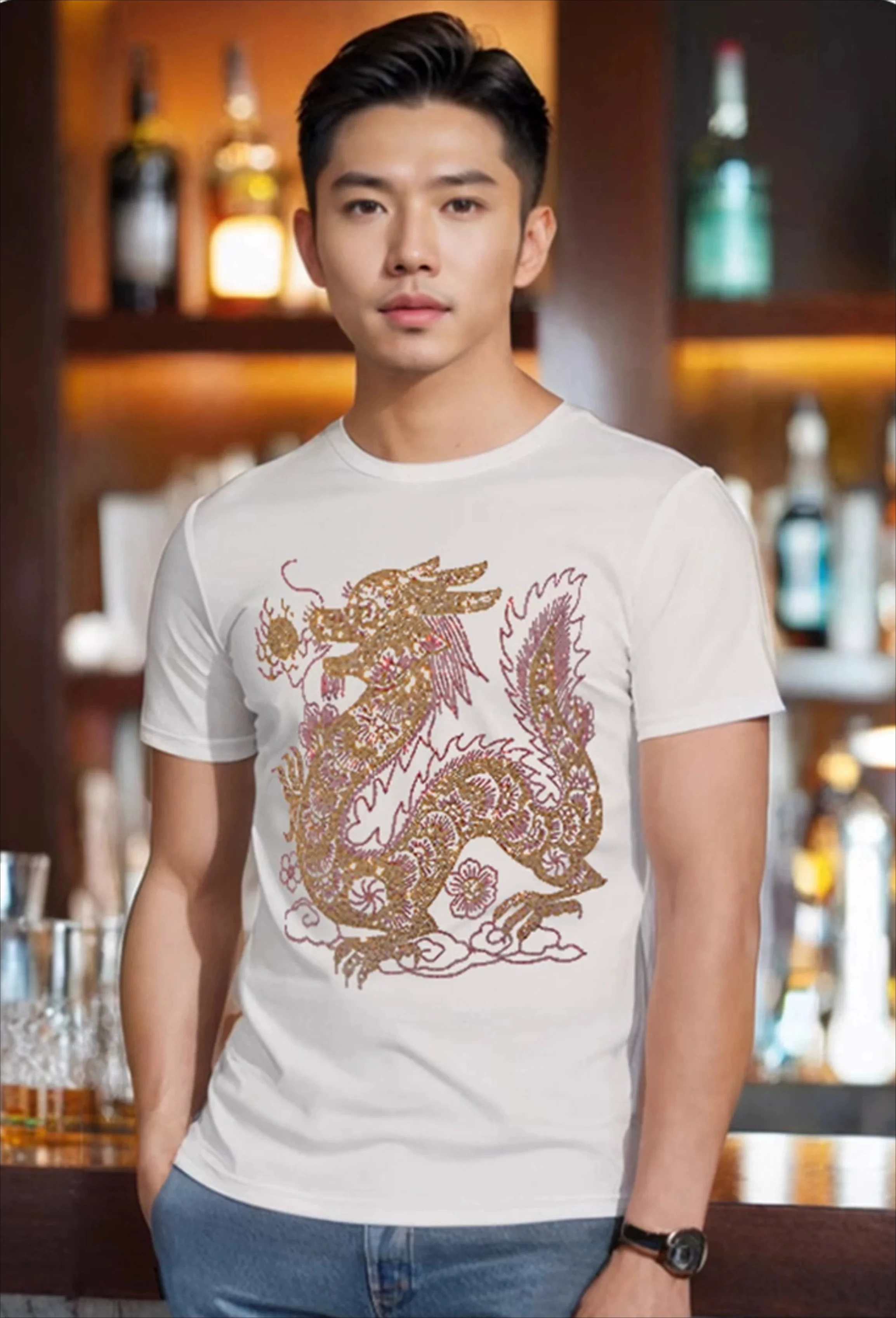 2026 Summer New Men's Chinese Dragon Rhinestone Fitted Casual Black White Red Round Neck Short Sleeve T-Shirt