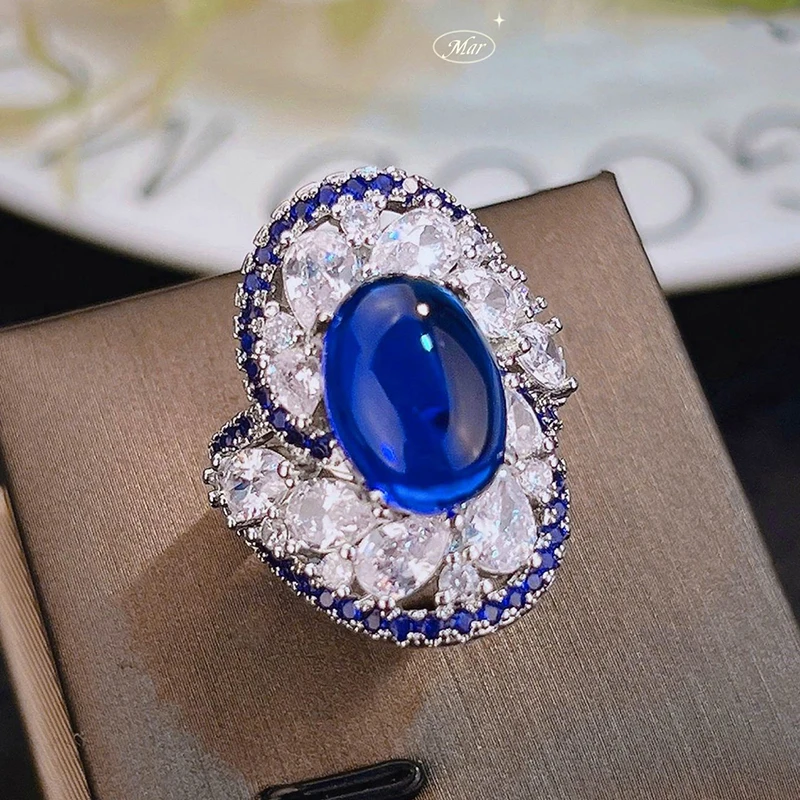 New Oval Hemisphere Sapphire Blue Topaz Gemstone Charm Women Girls Jewelry Gifts Ring Silver Color