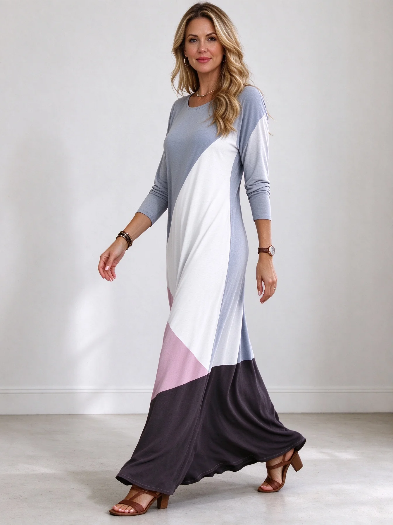 Women Geometric Color Block Maxi Dress Long Sleeve Round Neck Loose Flowy Long Dress Casual Daily Plus Size Robe