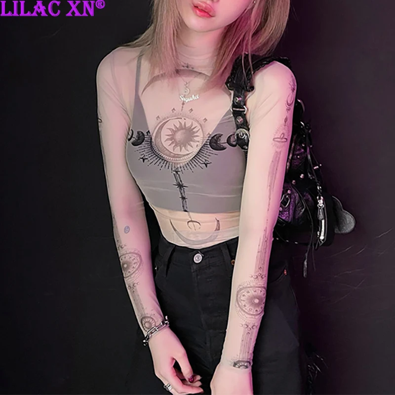 Y2K Sexy Lace Mesh See Through Long Sleeve T-Shirts Fashion Sun Moon Graphic Print Slim Basic Tops Tees Women Summer Streetwear