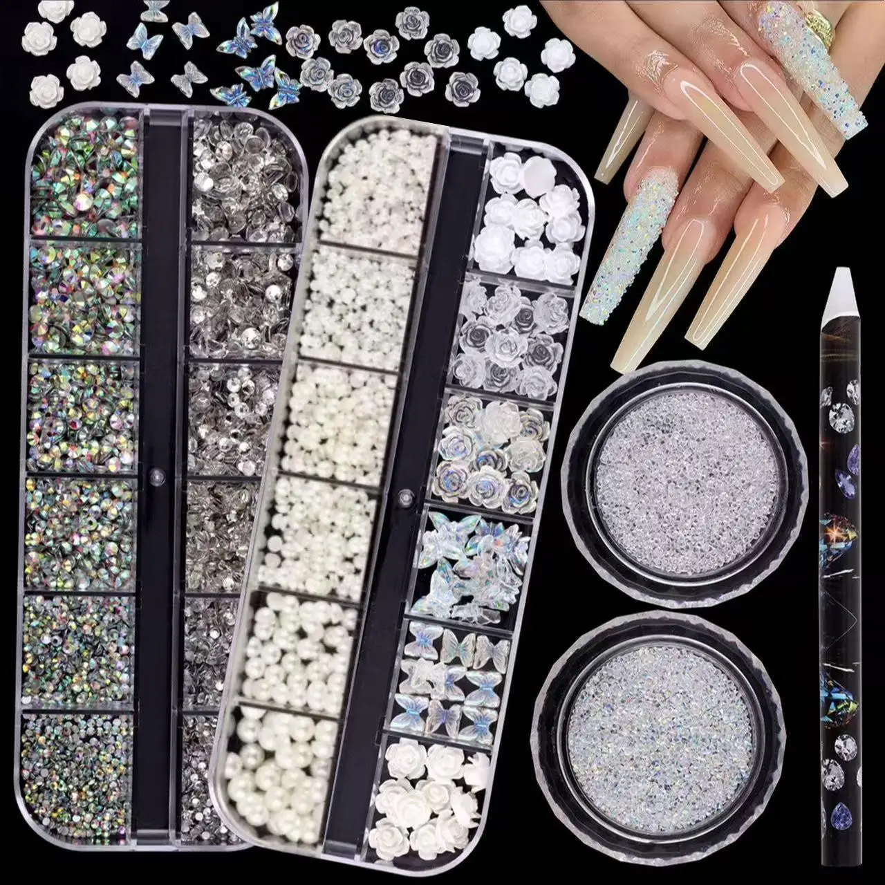 4 cajas de juegos de decoración de uñas, diamantes de imitación de parte posterior plana de color transparente y Ab, accesorios para uñas de mariposa y flor de perla acrílica, accesorios pequeños para uñas con diamantes de imitación