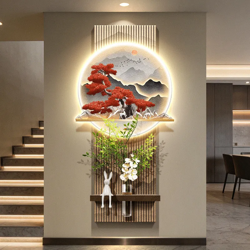 New Chinese style pine tree entrance decoration corridor sandstone hanging painting hydroponic green plant mural lamp