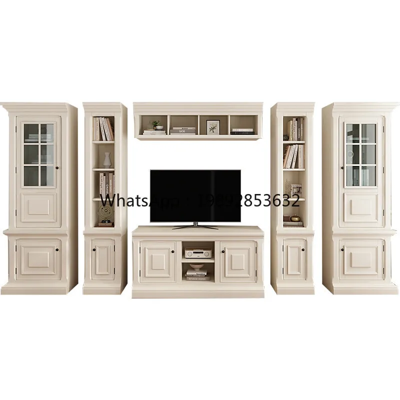 American Style Solid Wood Villa Luxury Living Room Integrated TV Cabinet Background Wall High-End Customization